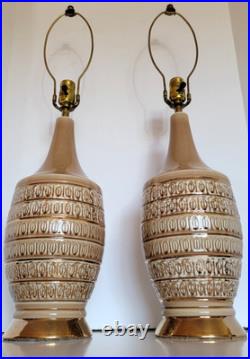 Pair Vtg Mid Century Modern Cocoa Brown & Gold all Ceramic Table Lamps