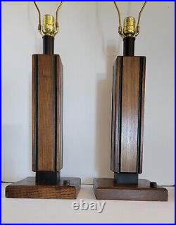 Pair Vtg Mid Century Modern Solid Grooved Wood Table Lamps B