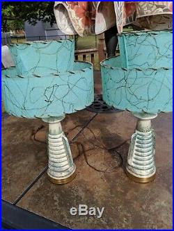 Pair Vtg Retro Mid Century Gold Splatter Bedside Table Lamps withShades Deena