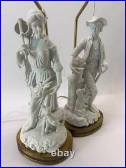Pair Vtg White Bisque Porcelain Figural Lamps Man Woman Brass Base Shades