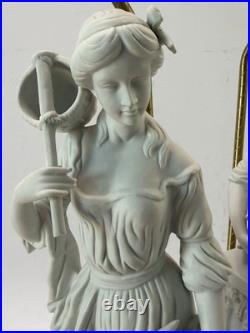 Pair Vtg White Bisque Porcelain Figural Lamps Man Woman Brass Base Shades