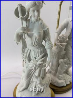Pair Vtg White Bisque Porcelain Figural Lamps Man Woman Brass Base Shades