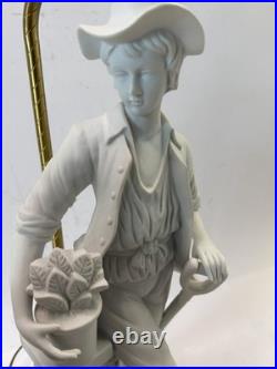 Pair Vtg White Bisque Porcelain Figural Lamps Man Woman Brass Base Shades