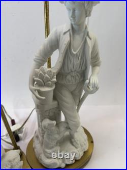 Pair Vtg White Bisque Porcelain Figural Lamps Man Woman Brass Base Shades