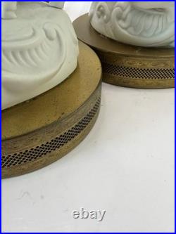 Pair Vtg White Bisque Porcelain Figural Lamps Man Woman Brass Base Shades