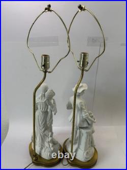 Pair Vtg White Bisque Porcelain Figural Lamps Man Woman Brass Base Shades