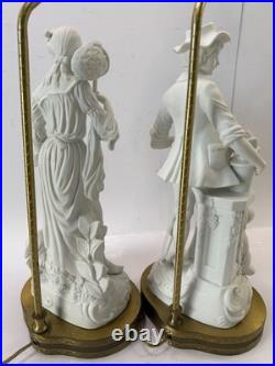Pair Vtg White Bisque Porcelain Figural Lamps Man Woman Brass Base Shades