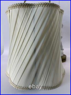 Pair Vtg White Bisque Porcelain Figural Lamps Man Woman Brass Base Shades