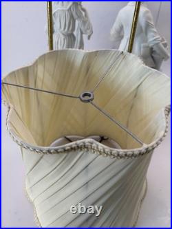 Pair Vtg White Bisque Porcelain Figural Lamps Man Woman Brass Base Shades