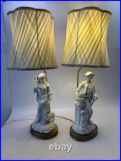 Pair Vtg White Bisque Porcelain Figural Lamps Man Woman Brass Base Shades