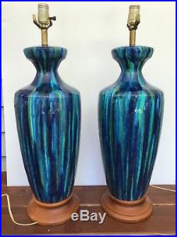 Pair XL Vintage Blue Green Drip Glaze Retro Art Pottery Lamps Mid Century Modern