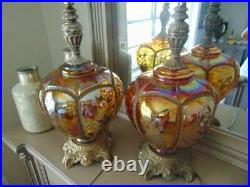 Pair antique vintage IRIDESCENT CARNIVAL GLASS TABLE LAMPS withnight lights 31