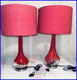 Pair of Anchor Hocking Mid Century Red Hand Blown Glass Table Lamps With Shades