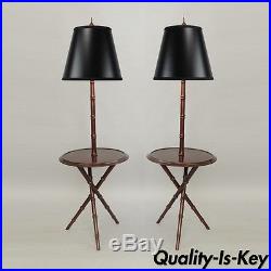 Pair of Chinese Chippendale Faux Bamboo Floor Lamp End Tables Tripod Wood Vtg