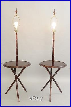 Pair of Chinese Chippendale Faux Bamboo Floor Lamp End Tables Tripod Wood Vtg