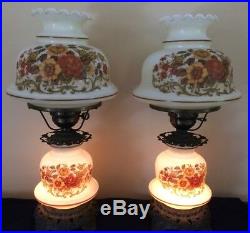 Pair of Gone With The Wind Hurricane Lamps, Double-Globe. Yellow Floral. Vintage