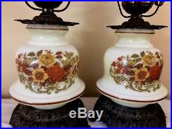 Pair of Gone With The Wind Hurricane Lamps, Double-Globe. Yellow Floral. Vintage