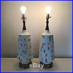 Pair of Mid Century Vintage Modern Geometric Ceramic & Wood Pottery Table Lamps