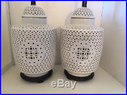 Pair of Vintage Asian Blanc de Chine Reticulated Porcelain Ginger Jar Table Lamp