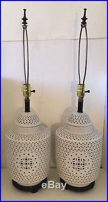 Pair of Vintage Asian Blanc de Chine Reticulated Porcelain Ginger Jar Table Lamp