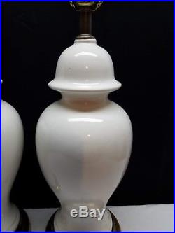 Pair of Vintage Ceramic White Art Pottery Ginger Jar Urn Lamps Hollywood Regency