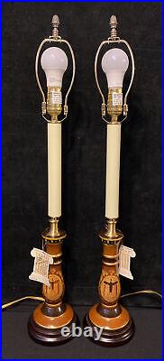 Pair of Vintage Chinoiserie Ceramic Candlestick Table Lamps Brass Gilt NOS