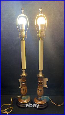 Pair of Vintage Chinoiserie Ceramic Candlestick Table Lamps Brass Gilt NOS