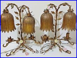 Pair of Vintage Italian Gilt Toleware Metal Table Lamp Glass Flowers Tole