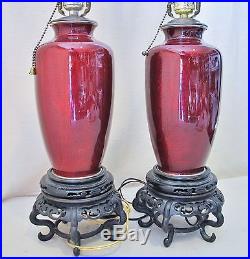 Pair of Vintage Japanese Pigeon Blood Red Cloisonne Flower Vases / Table Lamps