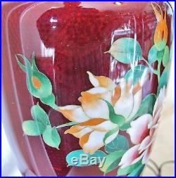 Pair of Vintage Japanese Pigeon Blood Red Cloisonne Flower Vases / Table Lamps