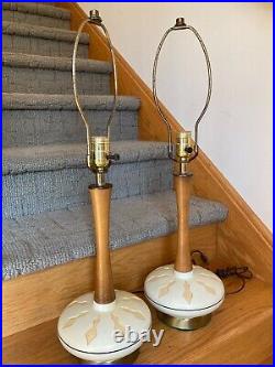 Pair of Vintage Mid-Century F. L. Co. Ceramic Wood Table Lamps MCM Atomic 1963