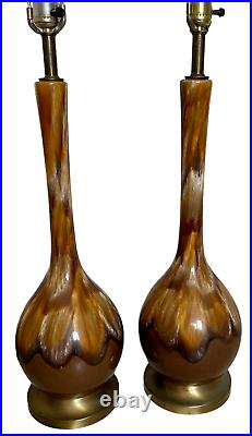 Pair of Vintage Mid Century Modern Drip Glazed Ceramic Table Lamps Retro Brown