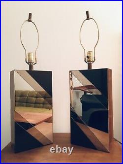 Pair of Vintage Mid Century Modern Mirrored Chevron Table Lamps 1960s