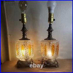 Pair of Vintage Mid Century Modern Optical Clear/ Orange Glass 3-Way Table Lamp