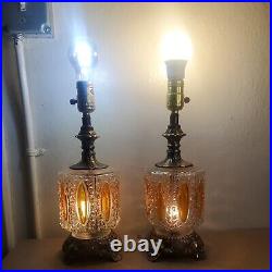 Pair of Vintage Mid Century Modern Optical Clear/ Orange Glass 3-Way Table Lamp