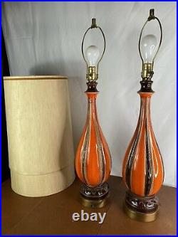 Pair of Vintage Mid Century Modern Orange Ceramic Drip Lava Glaze Table Lamps