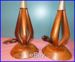 Pair of Vintage Mid Century Modern Sculpted Teak Wood Table Lamps