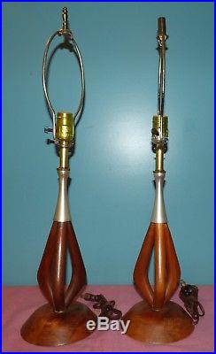 Pair of Vintage Mid Century Modern Sculpted Teak Wood Table Lamps