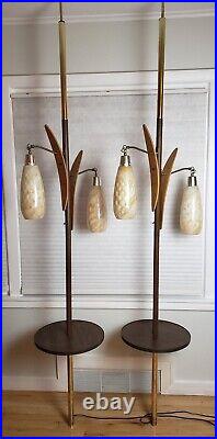 Pair of Vintage Mid Century Modern Tension Pole Lamp Tables Glass Globes MCM