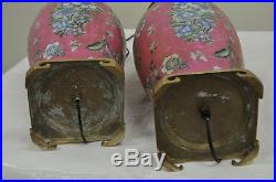 Pair of Vintage Oriental Heyward House Brass Ceramic Pink Floral Table Lamps