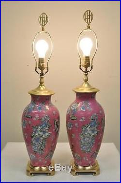 Pair of Vintage Oriental Heyward House Brass Ceramic Pink Floral Table Lamps