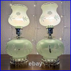 Pair of Vintage Pale Green Frosted Glass Hurricane Boudoir Accent Table Lamps