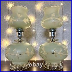 Pair of Vintage Pale Green Frosted Glass Hurricane Boudoir Accent Table Lamps