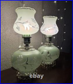 Pair of Vintage Pale Green Frosted Glass Hurricane Boudoir Accent Table Lamps