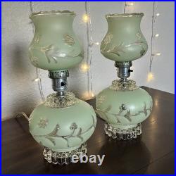 Pair of Vintage Pale Green Frosted Glass Hurricane Boudoir Accent Table Lamps