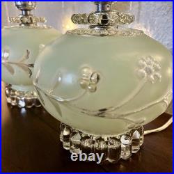 Pair of Vintage Pale Green Frosted Glass Hurricane Boudoir Accent Table Lamps