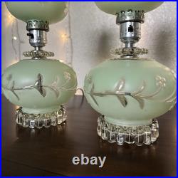 Pair of Vintage Pale Green Frosted Glass Hurricane Boudoir Accent Table Lamps Pair of Vintage Pale Green Frosted Glass Hurricane Boudoir Accent Table Lamps