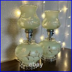 Pair of Vintage Pale Green Frosted Glass Hurricane Boudoir Accent Table Lamps Pair of Vintage Pale Green Frosted Glass Hurricane Boudoir Accent Table Lamps