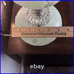 Pair of Vintage Pale Green Frosted Glass Hurricane Boudoir Accent Table Lamps