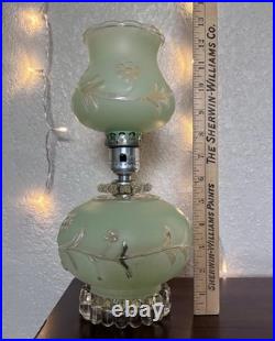 Pair of Vintage Pale Green Frosted Glass Hurricane Boudoir Accent Table Lamps Pair of Vintage Pale Green Frosted Glass Hurricane Boudoir Accent Table Lamps